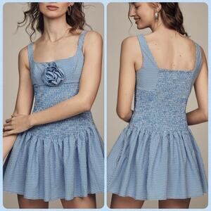 Maeve Smocked Rosette Blue Gingham Drop-Waist Mini Dress women’s size medium